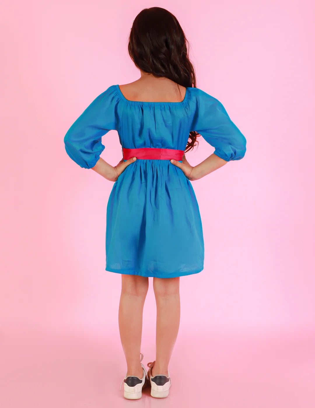Girls Stylish and Trendy Cotton satin gathered three fourth sleeve dress