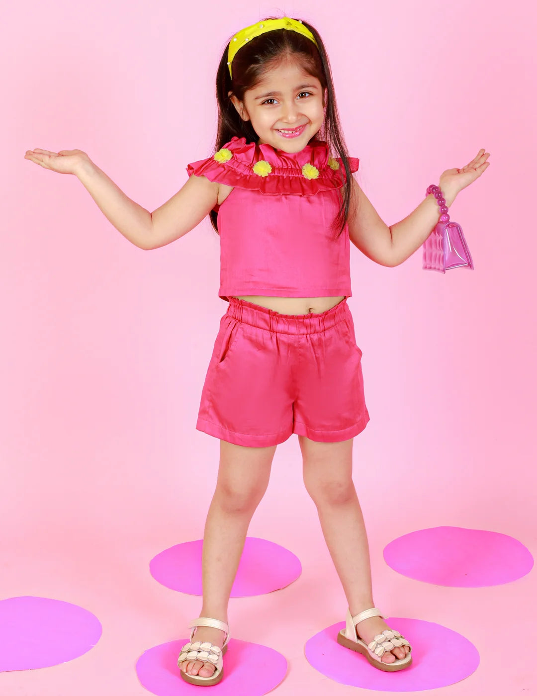 Girls Stylish and Trendy Cotton satin Ruffle off sholuder Top with Shorts