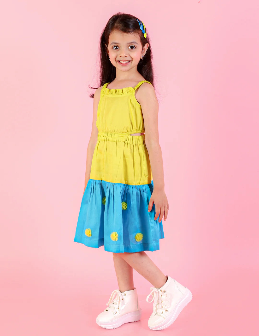 Girls Stylish and Trendy Cotton satin Teired Dress with 3d clowers ar hem