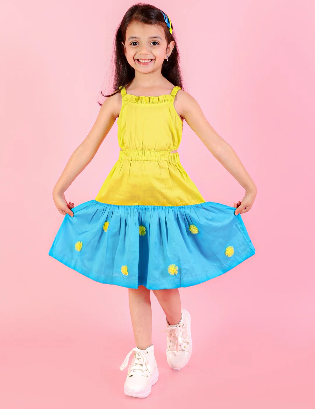 Girls Stylish and Trendy Cotton satin Teired Dress with 3d clowers ar hem