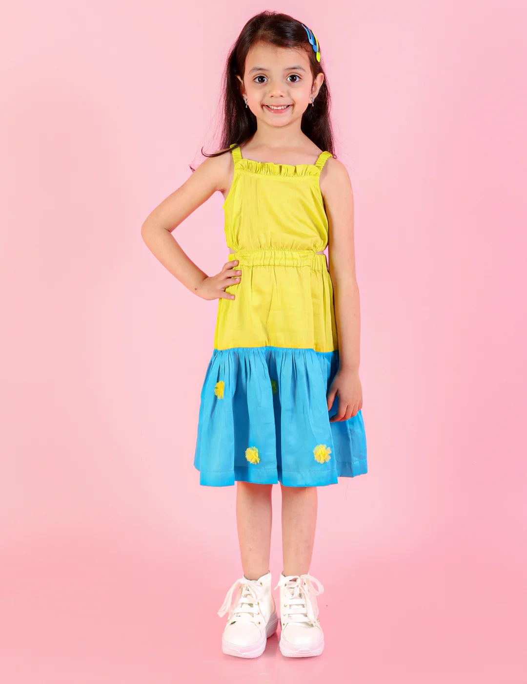 Girls Stylish and Trendy Cotton satin Teired Dress with 3d clowers ar hem