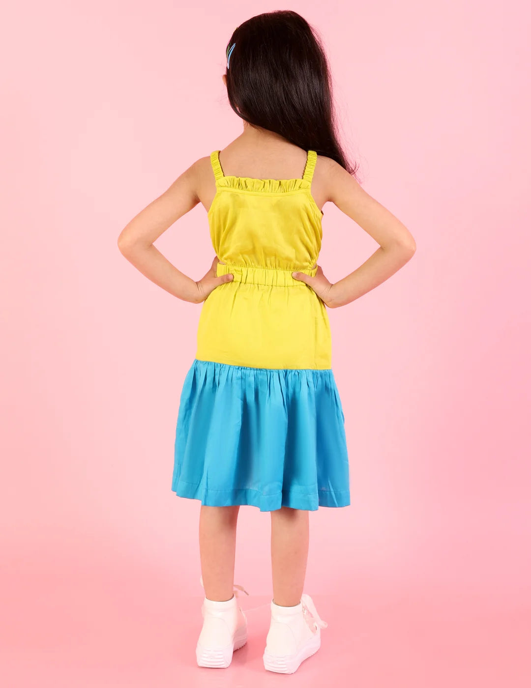 Girls Stylish and Trendy Cotton satin Teired Dress with 3d clowers ar hem