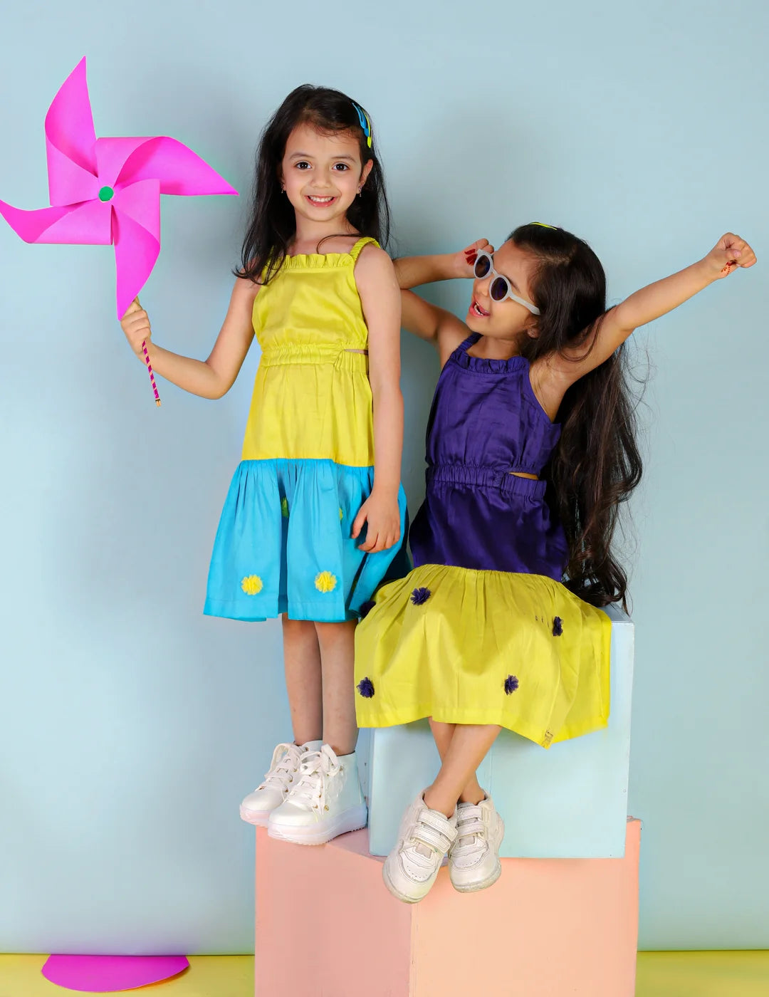 Girls Stylish and Trendy Cotton satin Teired Dress with 3d clowers ar hem