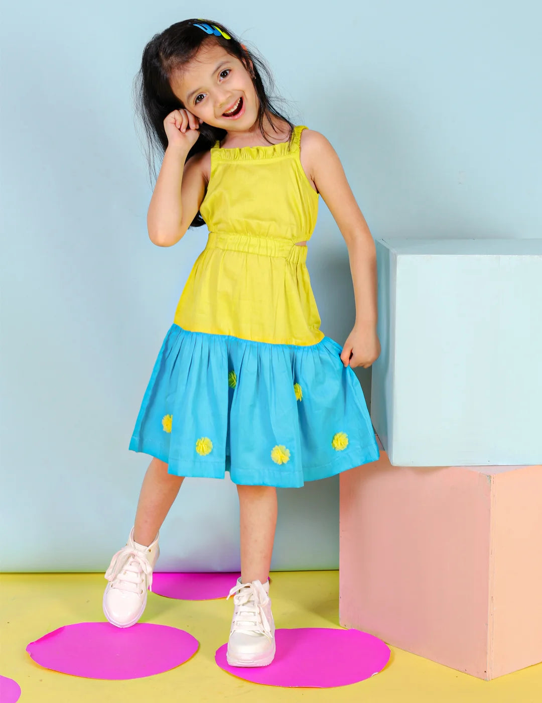 Girls Stylish and Trendy Cotton satin Teired Dress with 3d clowers ar hem