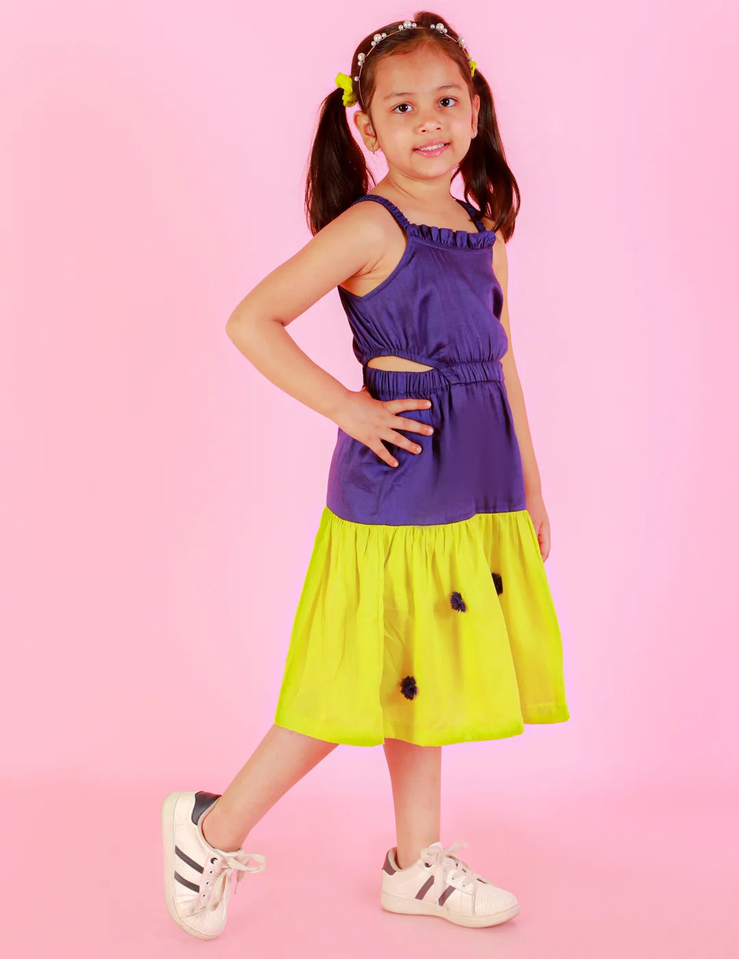 Girls Stylish and Trendy Cotton satin Teired Dress with 3d clowers at hem