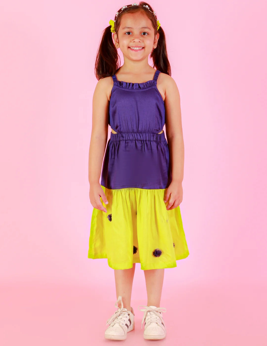 Girls Stylish and Trendy Cotton satin Teired Dress with 3d clowers at hem