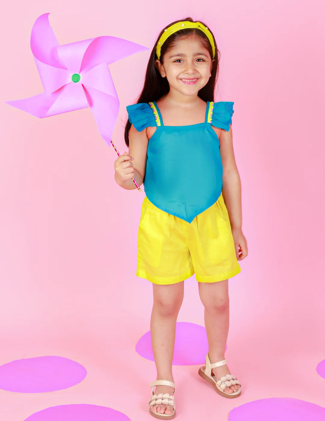 Girls Stylish and Trendy Cotton satin Ruffle off sholuder Top with Shorts