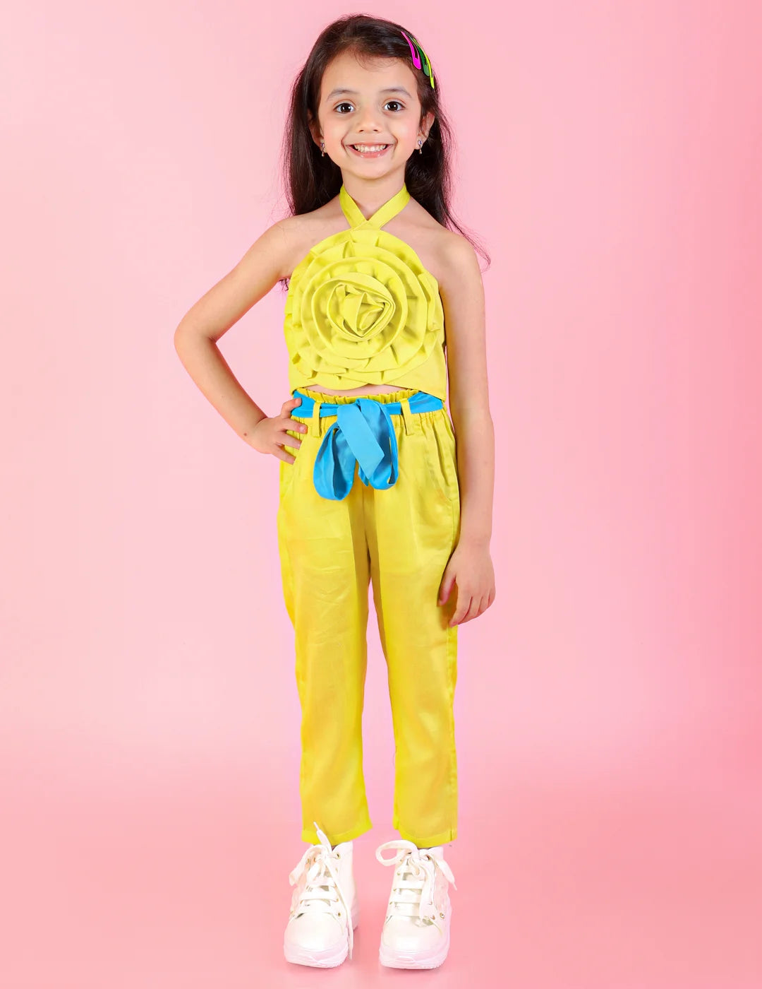 Girls Stylish and Trendy Cotton satin 3D Rose on Yoke Halter neck Top with pants