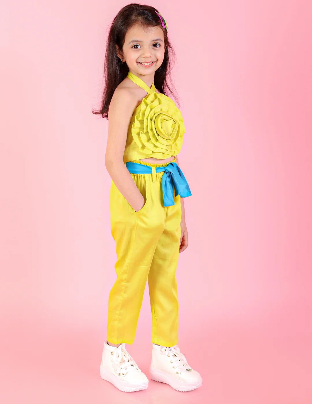 Girls Stylish and Trendy Cotton satin 3D Rose on Yoke Halter neck Top with pants