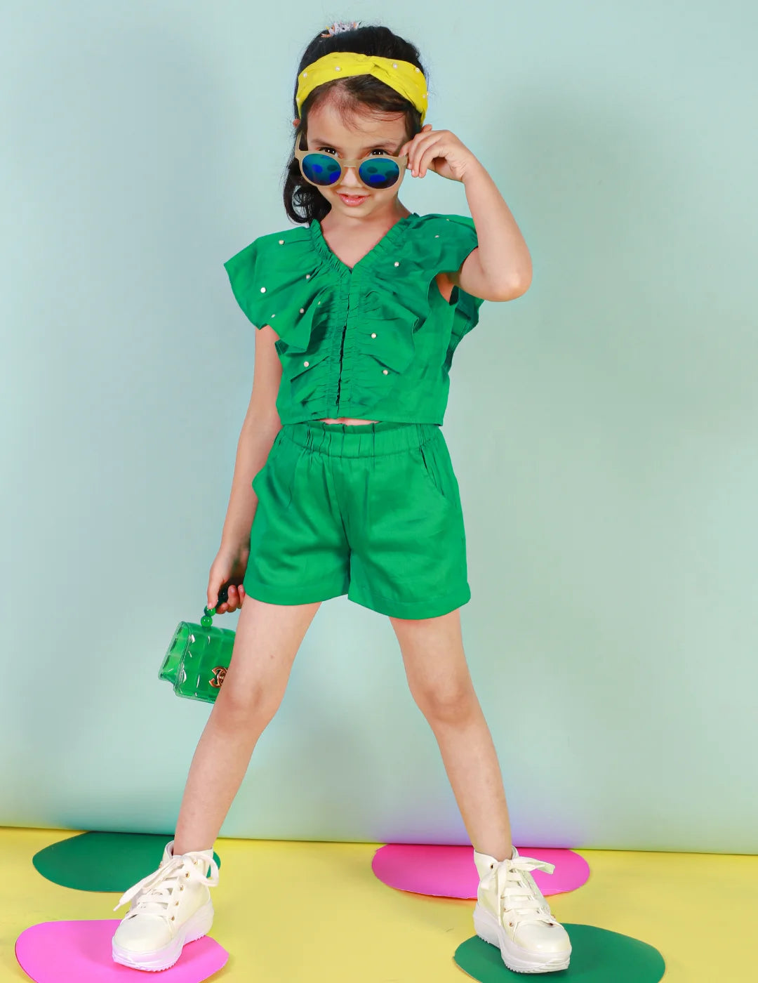 Girls Stylish and Trendy Cotton satin Ruffle Top with Shorts