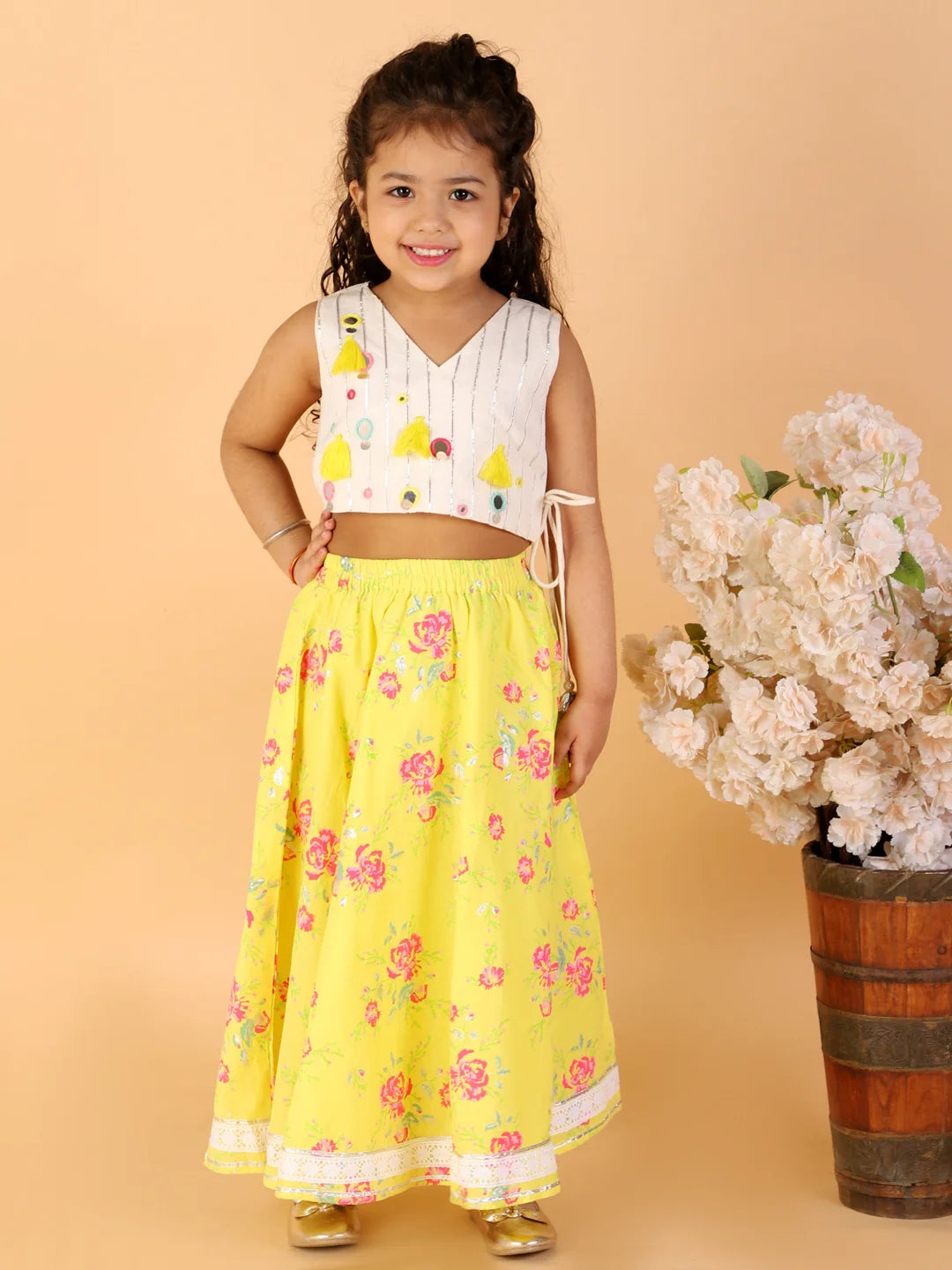 Girls stylish mirror handwork choli with printed ghaghra set