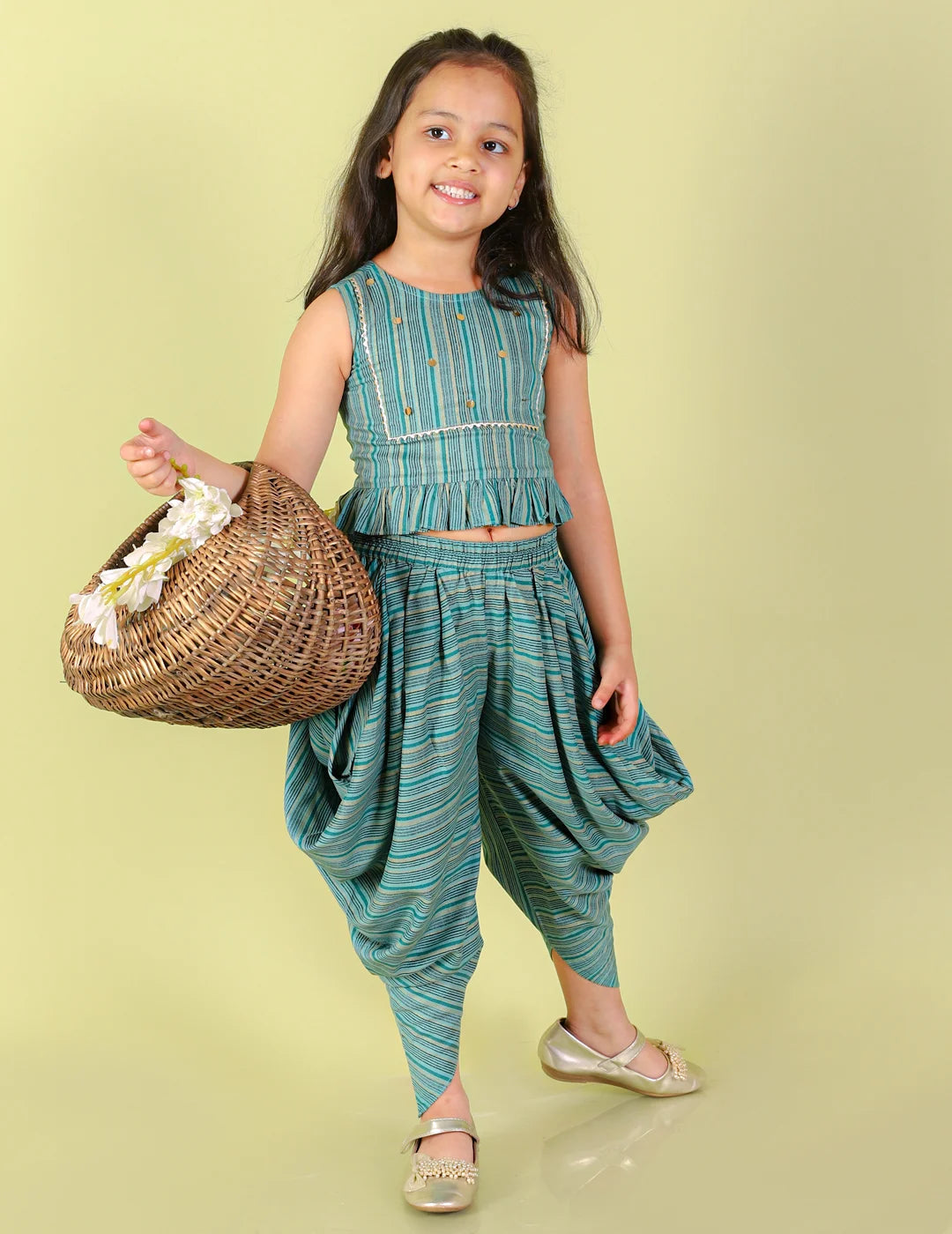 Girls Printed Gold Stripe Viscose Top with viscose Dhoti set