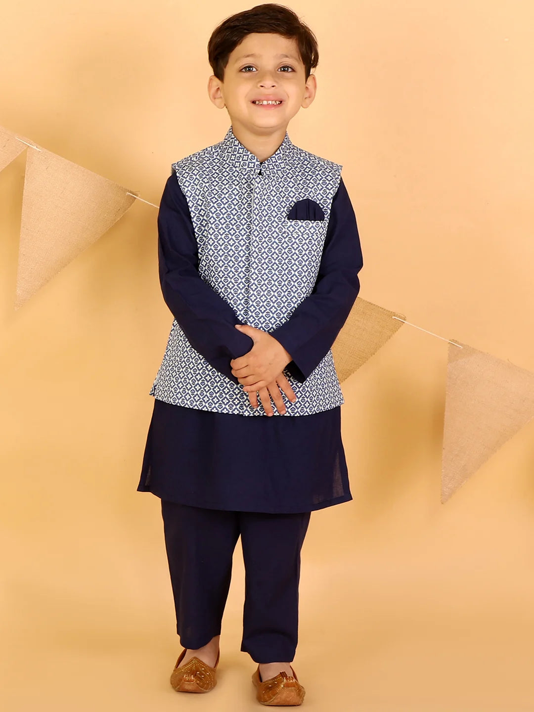 Boys stylish Folklore cotton kurta pyjama with printed jacket set