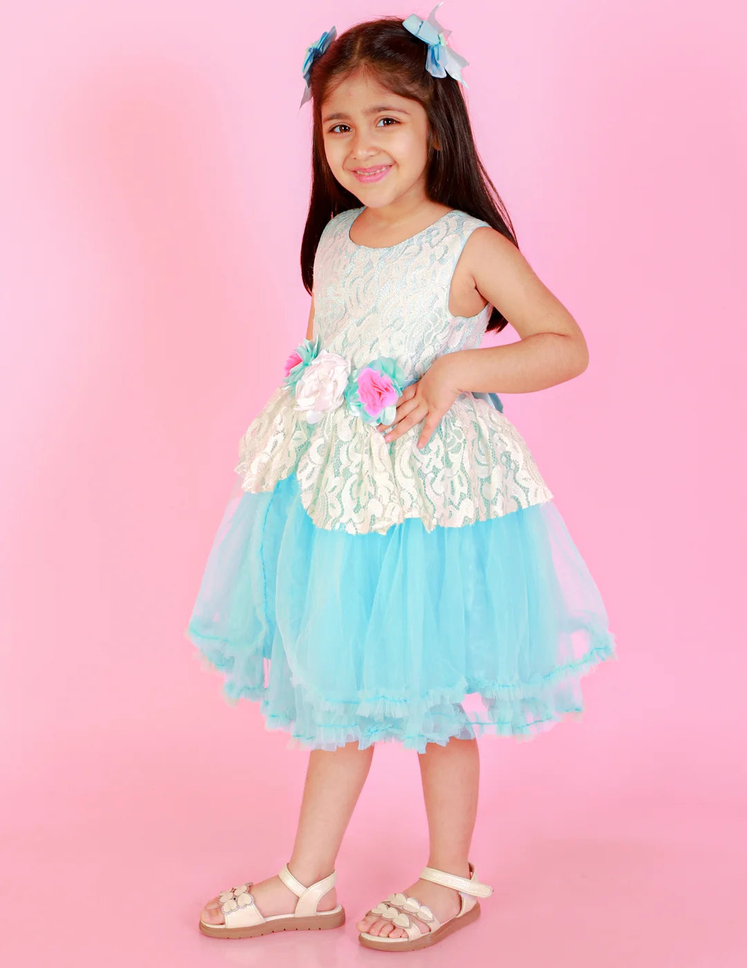 Girls  flared party dress with flower applique