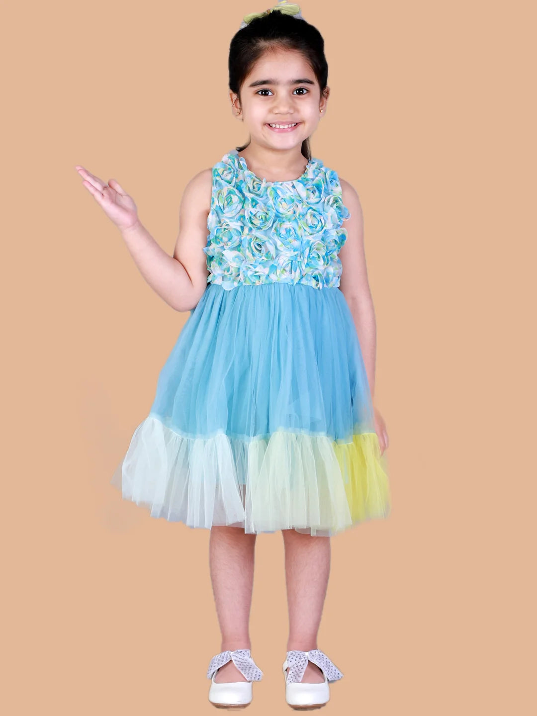 Girls party dress with 3 D Rose flower appliques on front yoke