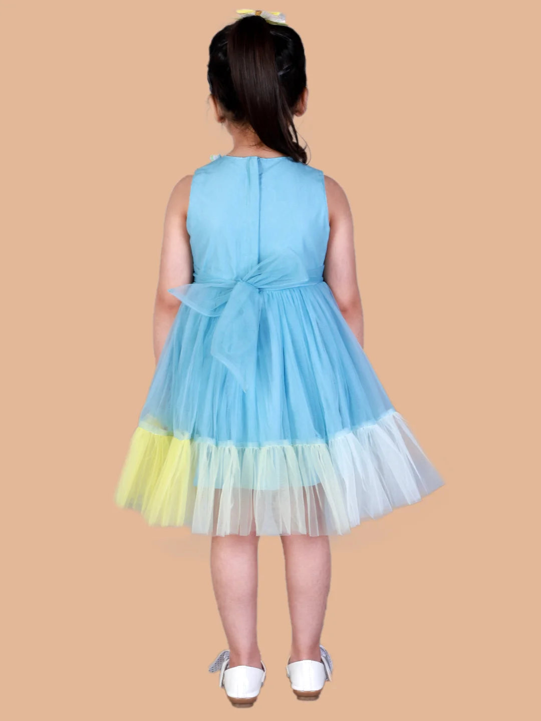 Girls party dress with 3 D Rose flower appliques on front yoke