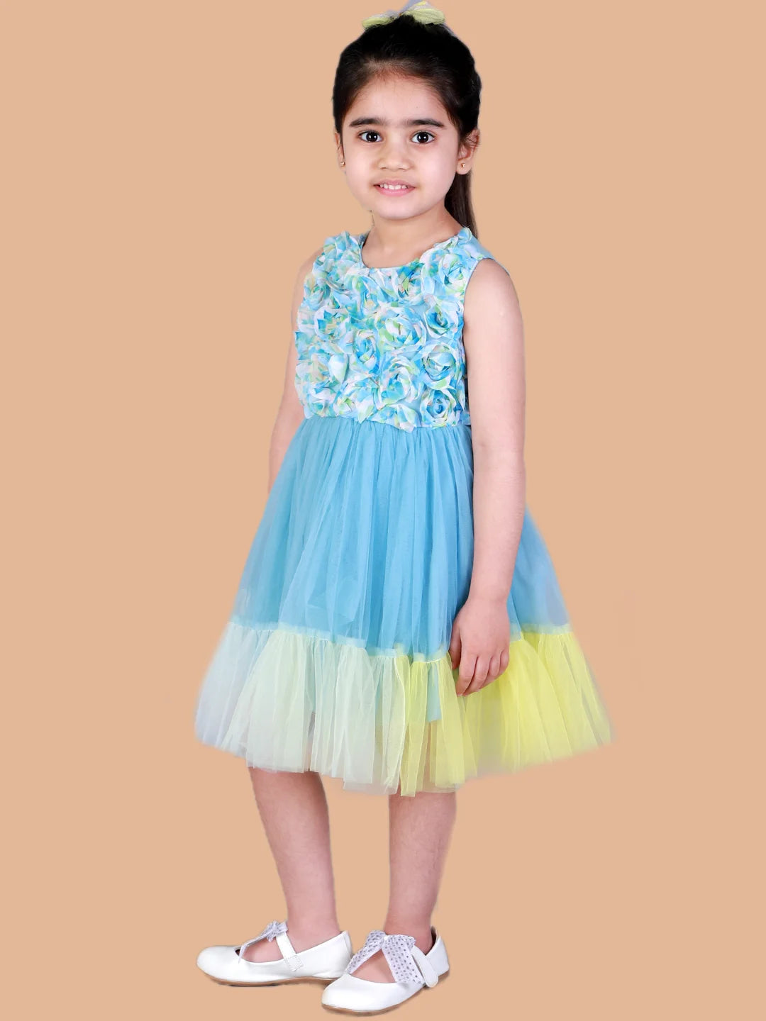 Girls party dress with 3 D Rose flower appliques on front yoke