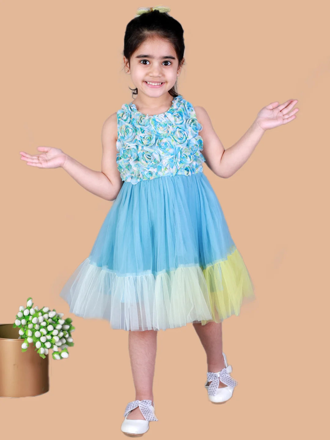 Girls party dress with 3 D Rose flower appliques on front yoke
