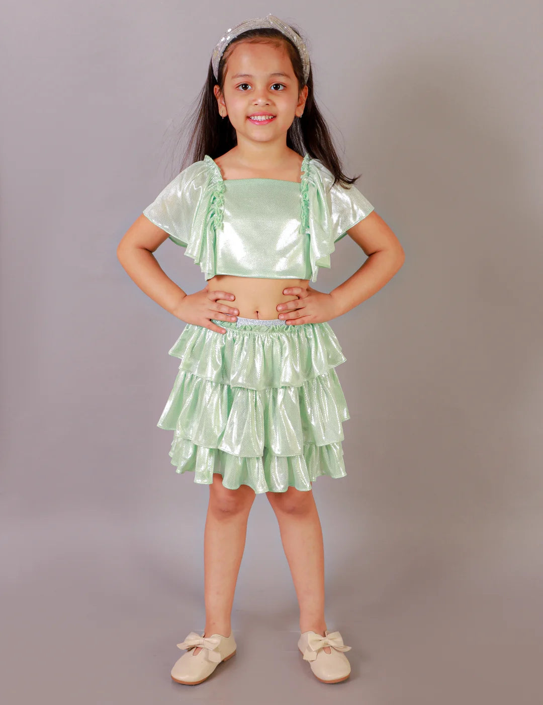 Girls Coord sets, Stylish Foil printed Ruffle sleeve Top with Tiered Skirt