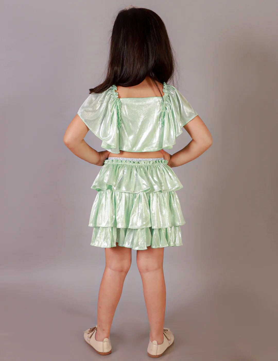 Girls Coord sets, Stylish Foil printed Ruffle sleeve Top with Tiered Skirt