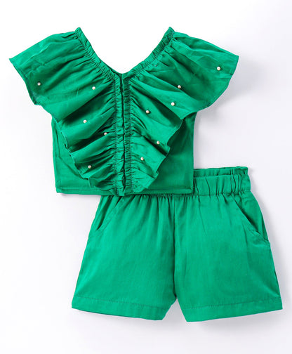 Girls Stylish and Trendy Cotton satin Ruffle Top with Shorts