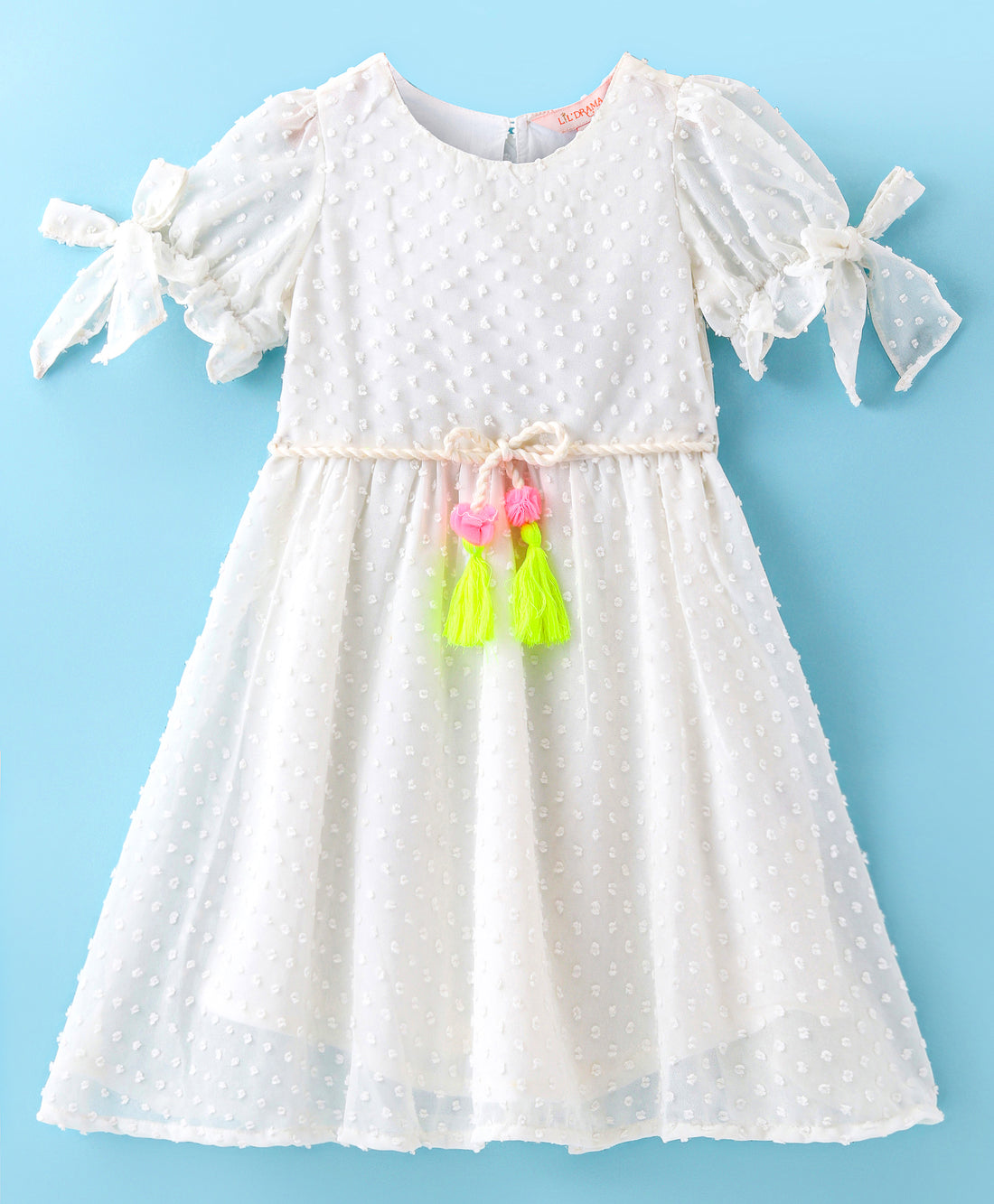 Girls georgette dobby dress with neon tassles , flower applique &amp; belt