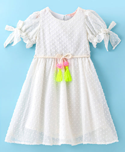 Girls georgette dobby dress with neon tassles , flower applique &amp; belt