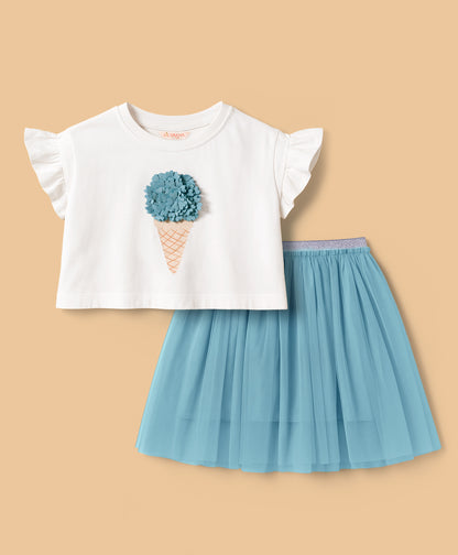 Paris Night White T-shirt with Blue Skirt Set For Girls