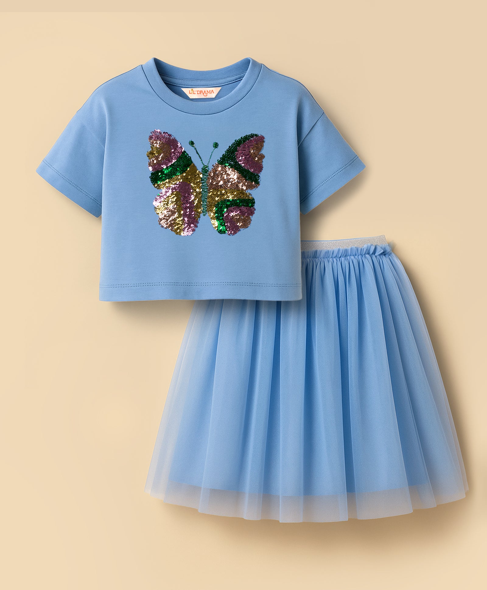 Paris Night Blue T-shirt with Skirt Set For Girls