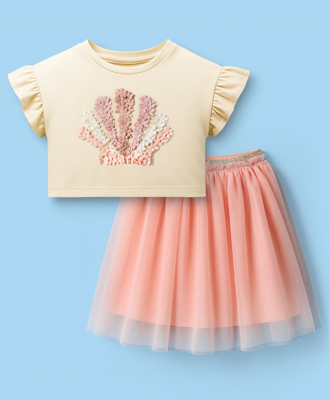 Paris Night Off White T-shirt with Peach Skirt Set For Girls