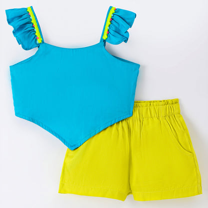 Girls Stylish and Trendy Cotton satin Ruffle off sholuder Top with Shorts