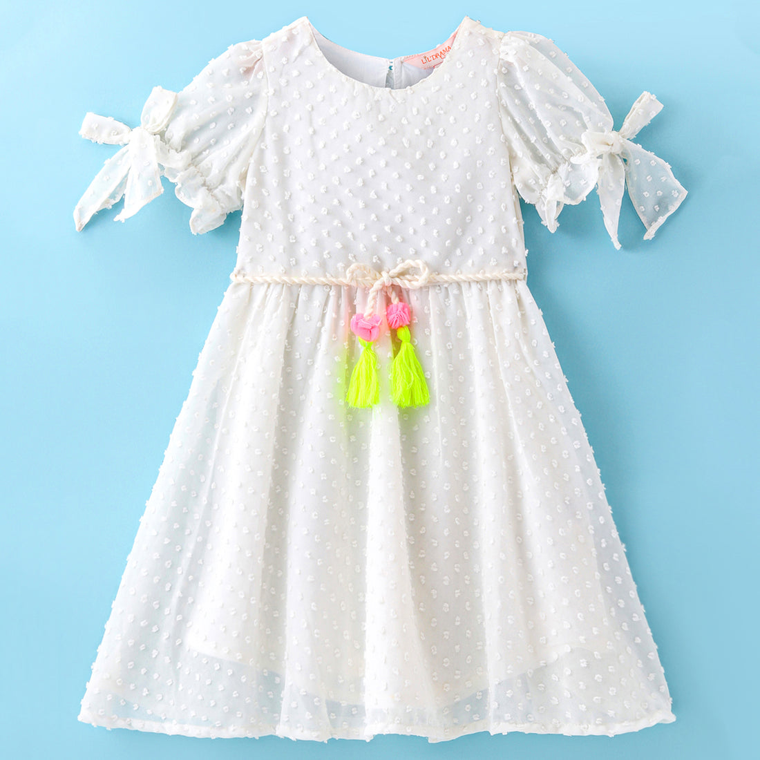 Girls georgette dobby dress with neon tassles , flower applique &amp; belt