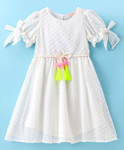 Girls georgette dobby dress with neon tassles , flower applique &amp; belt