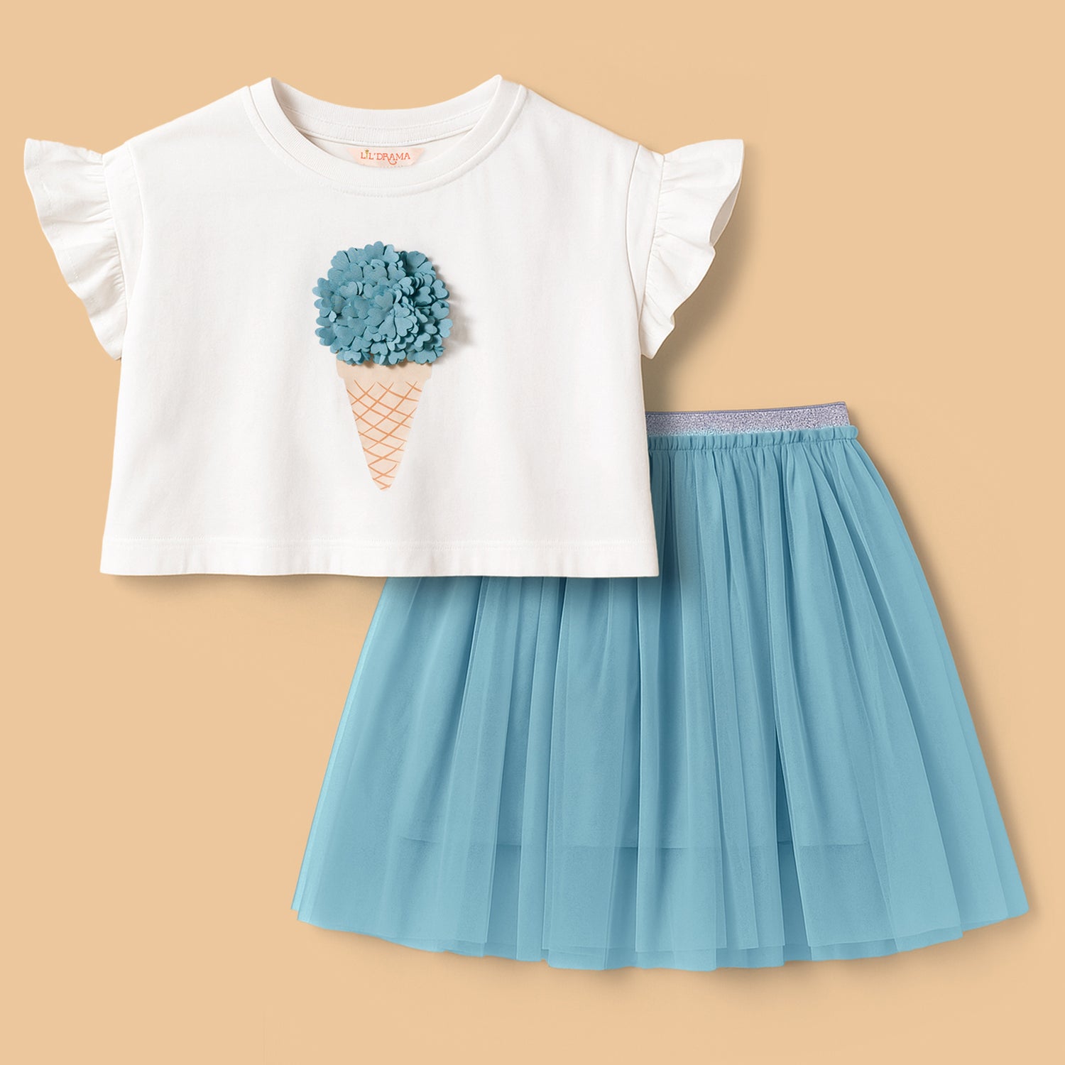 Paris Night White T-shirt with Blue Skirt Set For Girls