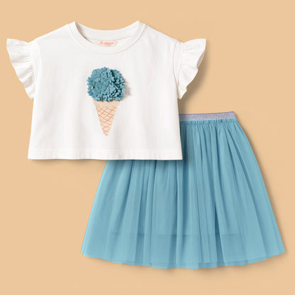 Paris Night White T-shirt with Blue Skirt Set For Girls