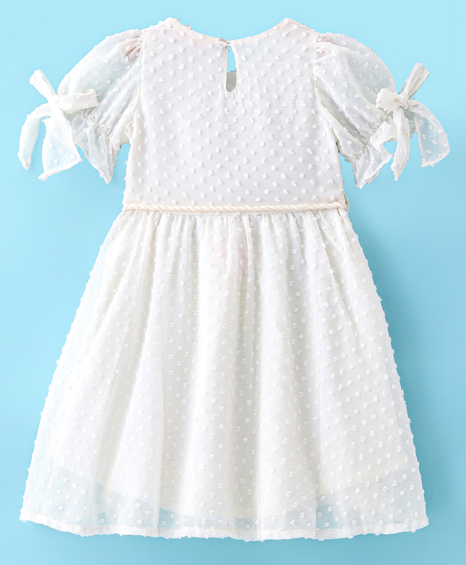 Girls georgette dobby dress with neon tassles , flower applique &amp; belt