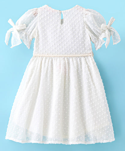 Girls georgette dobby dress with neon tassles , flower applique &amp; belt