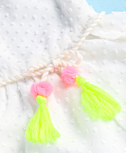 Girls georgette dobby dress with neon tassles , flower applique &amp; belt