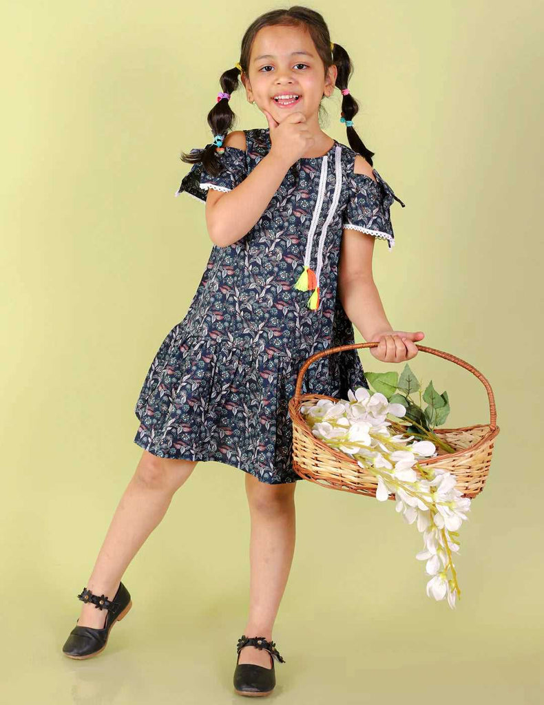 Girls printed casual cotton dress with lace work and tassles