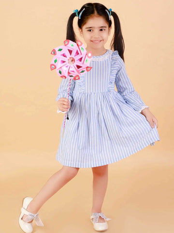 Girls cotton striper dress with neck lace