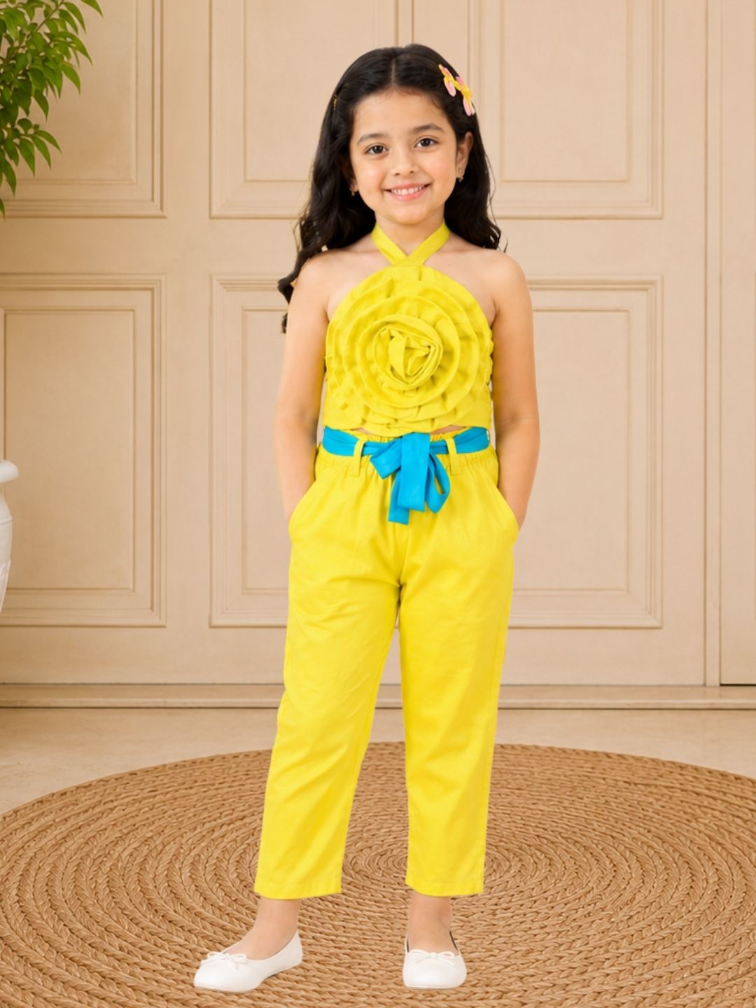Girls Yellow  Co-ord sets with 3D rose on Top