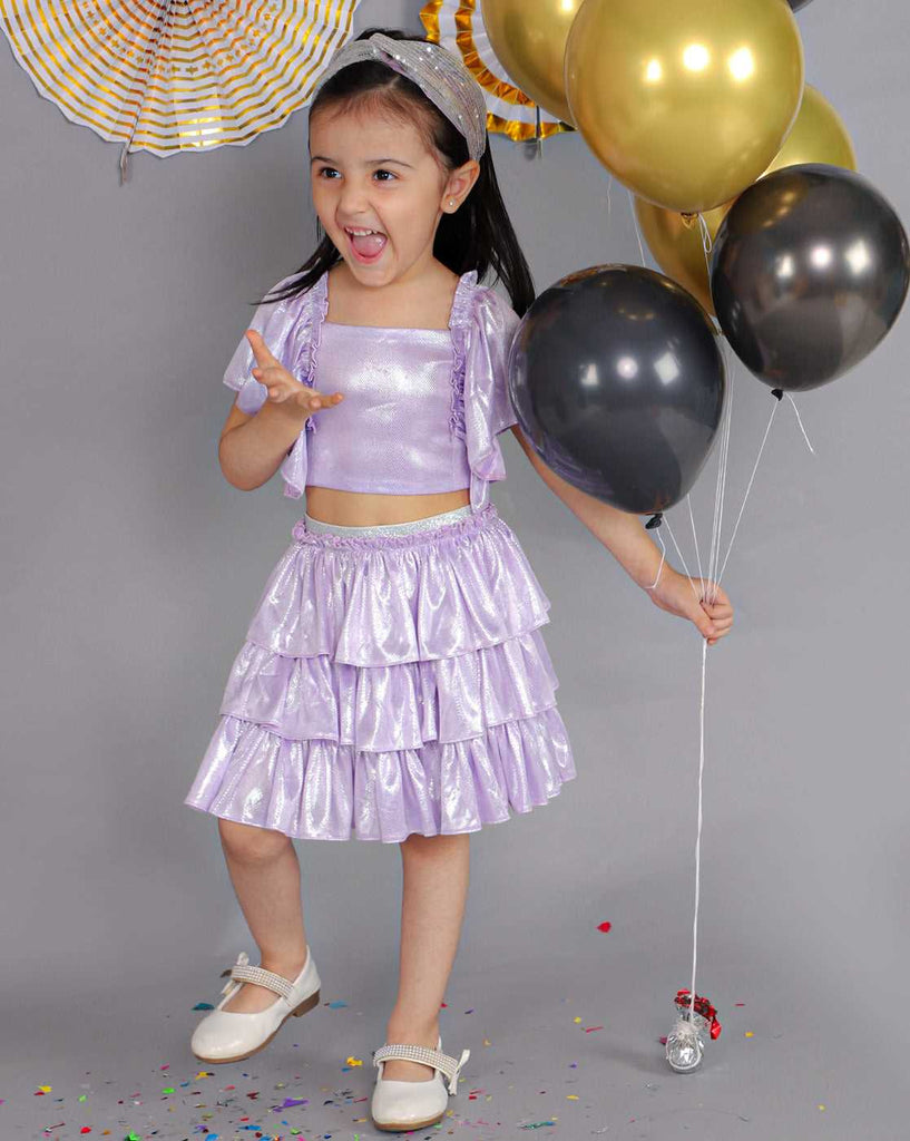 Girls Coord sets, Stylish Foil printed Ruffle sleeve Top with Tiered Skirt
