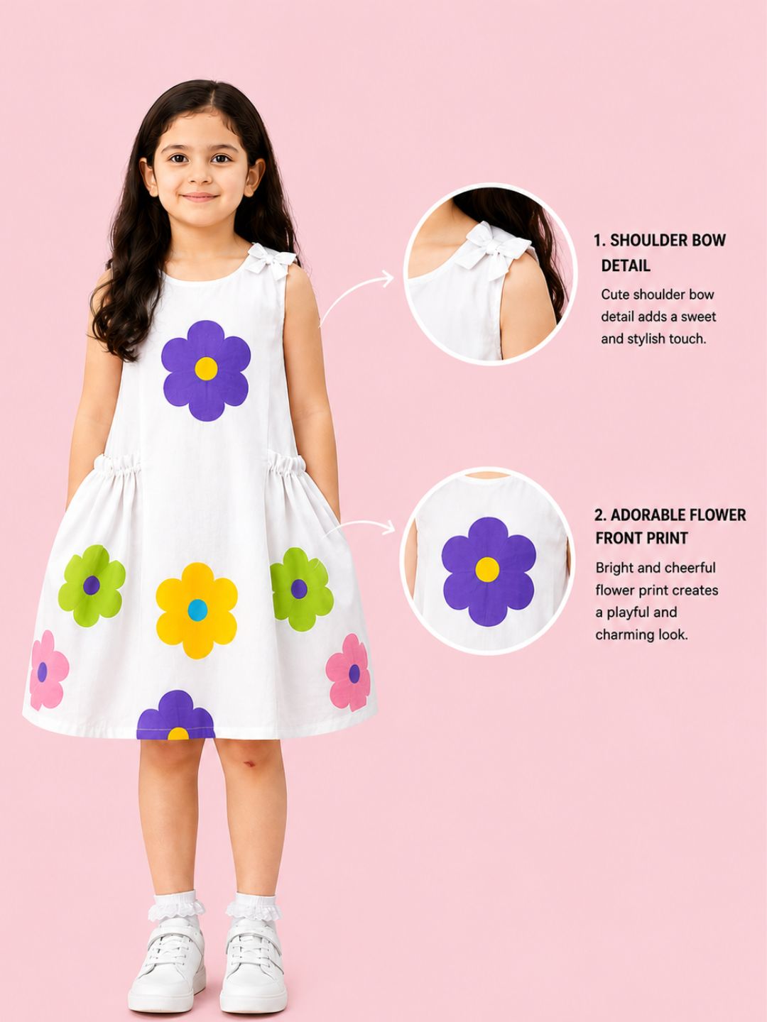 Petal Play Girls White Cotton Floral Dress