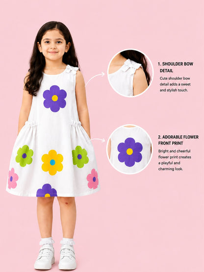 Petal Play Girls White Cotton Floral Dress