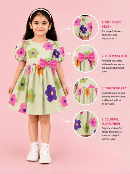 Petal Play Girls Cotton Green Floral Dress