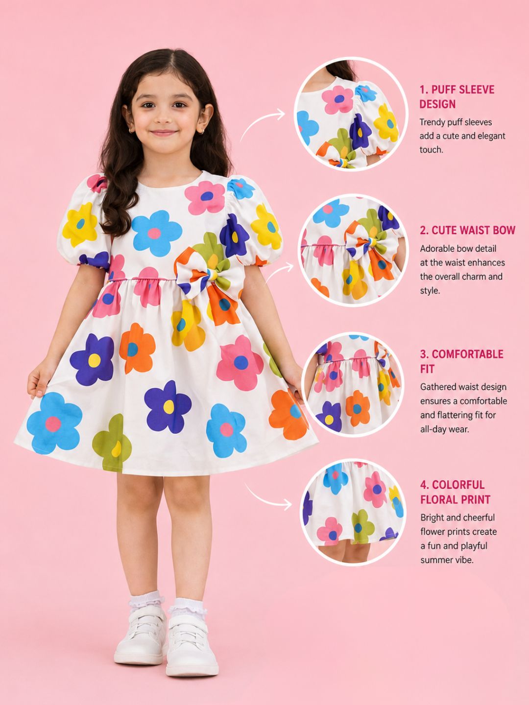 Petal Play Girls Cotton White Floral Dress