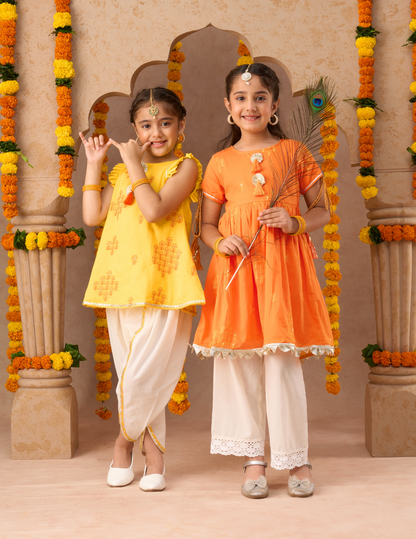 Marigold magic Girls Orange Cotton Kurta and White Pyjama Ethnic Set