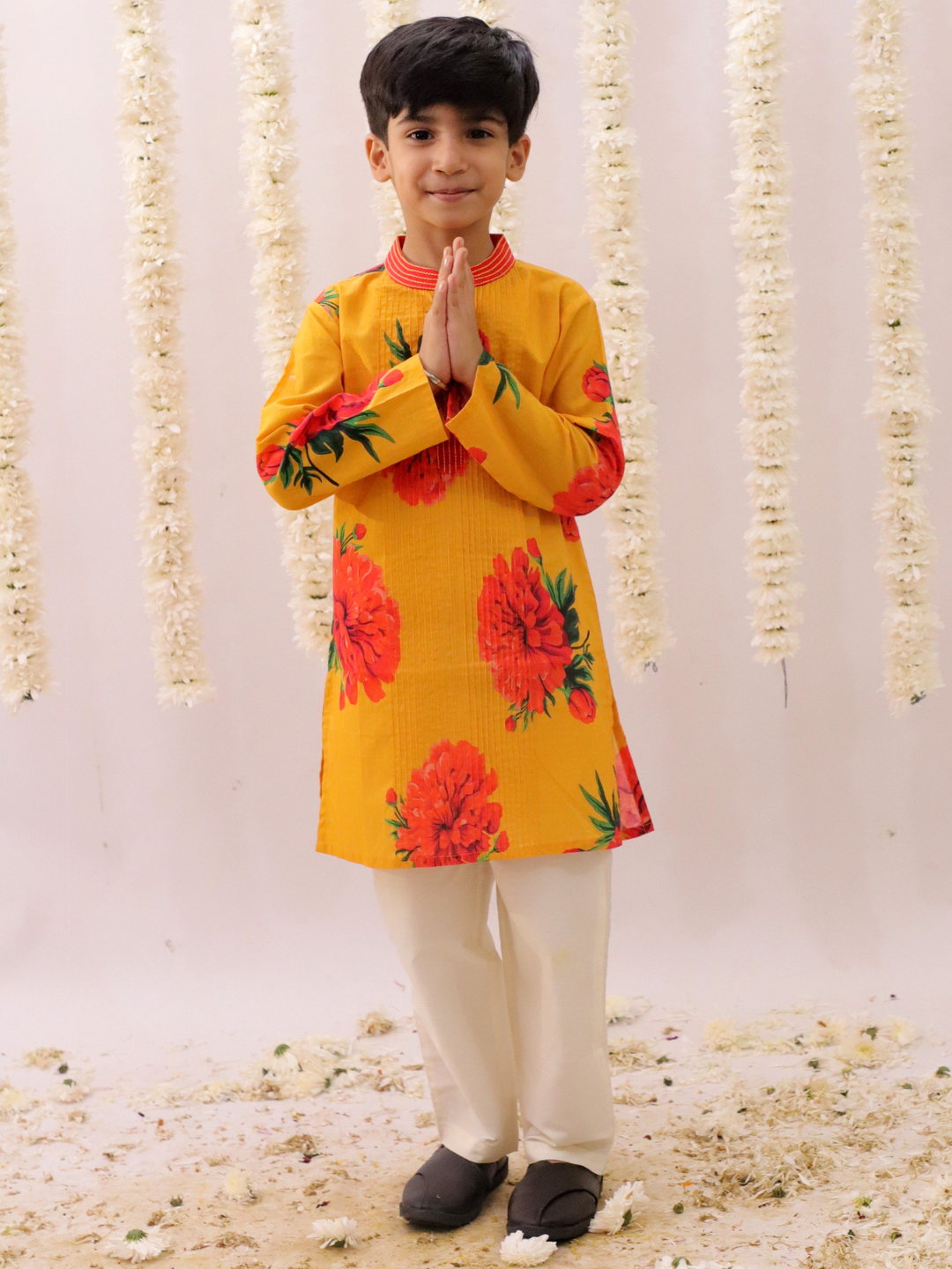 Genda Phool Mustard Kurta and White Pant Set for Boys