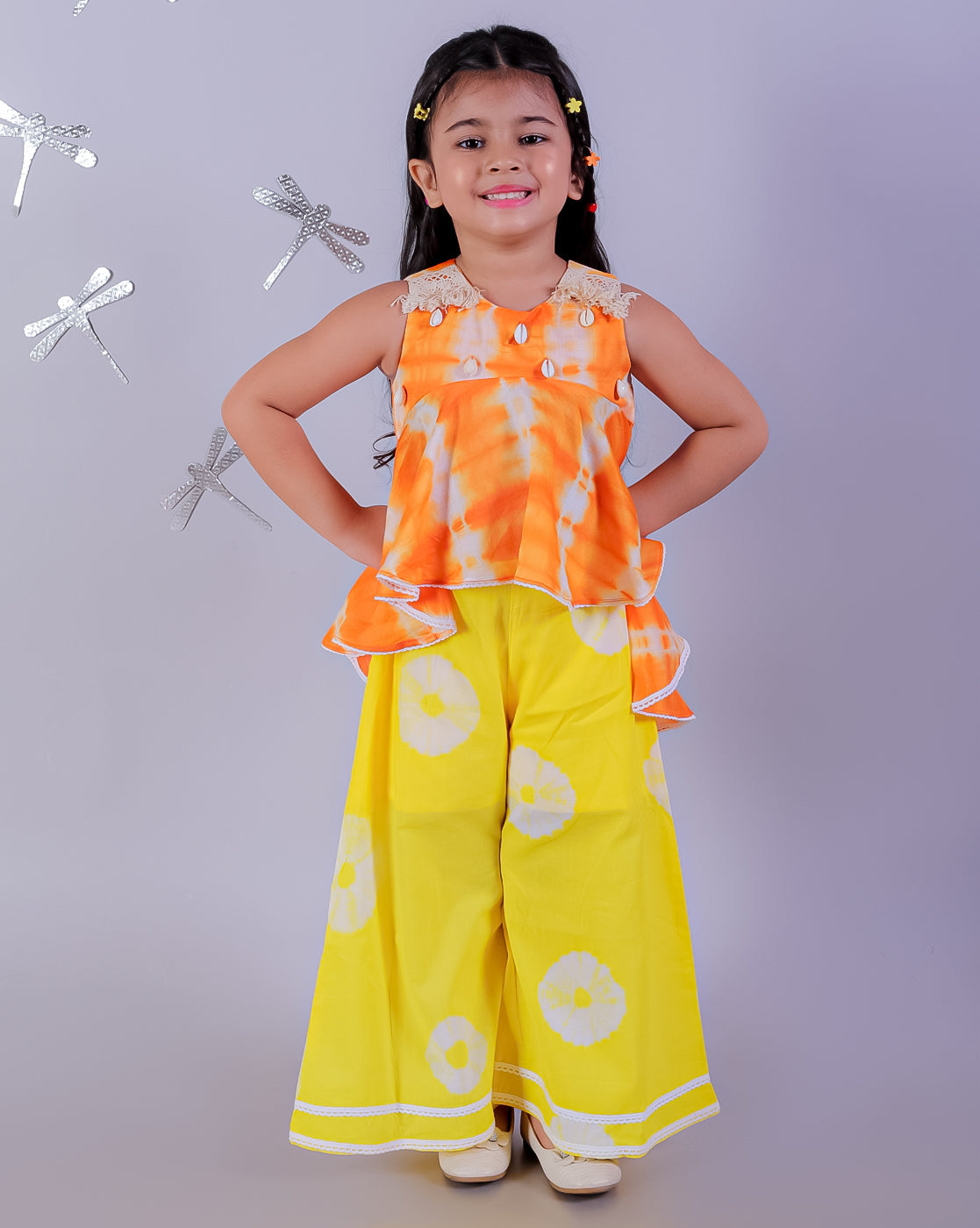 Girls Fusion Tie &amp; Dye Flared Palazzo and flared Top with Shell Work