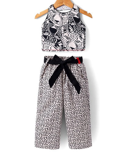 Roar at the Door Girls Brown and Black Printed Top and Pant Set with Hairband